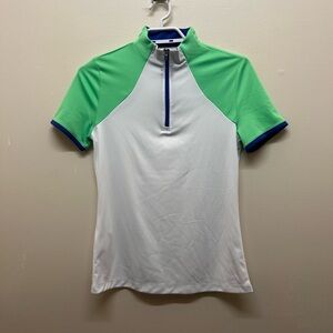 PGA Tour White Golf Top with Green Sleeves and Blue Trim